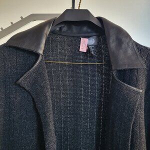 CLEARANCE - Magic Black Tweed Sweater Coat w/ Leather Trim Collar (Size XL)